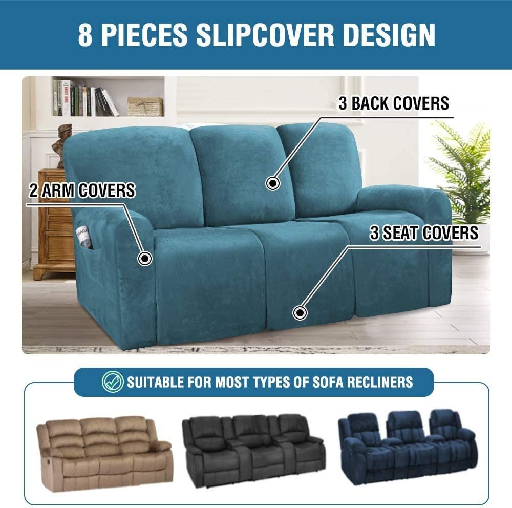 Recliner Sofa Slipcovers Seater Peacock Blue Stretch Velvet Solid Coloured Recliner Sofa Cover
