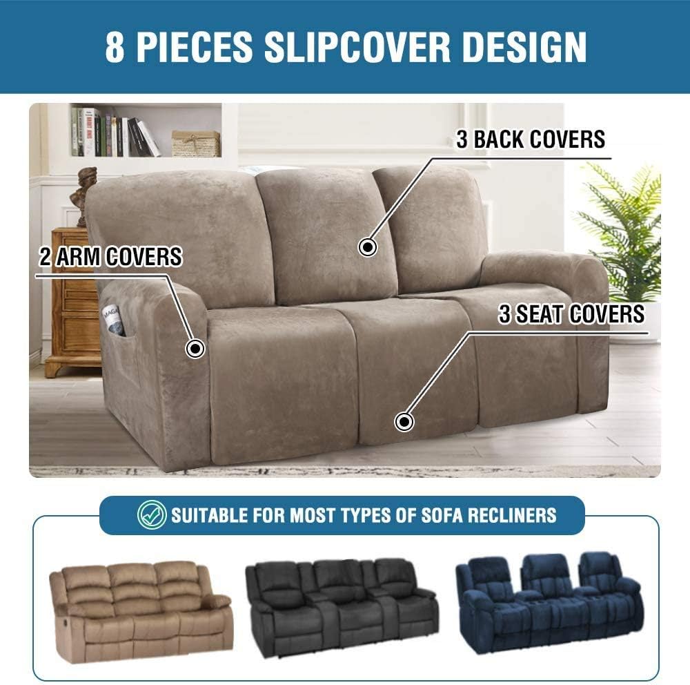 Recliner Sofa Slipcovers 2 3 Seater Taupe Stretch Velvet Solid Coloured Recliner Sofa Cover