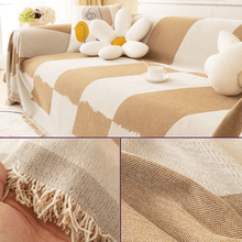 Load image into Gallery viewer, Sofa Throw | Khaki, Light Grey | Brushstroke Bliss Throw - Multicoloured Geometric  Patterned Chenille Fabric Sofa Cover