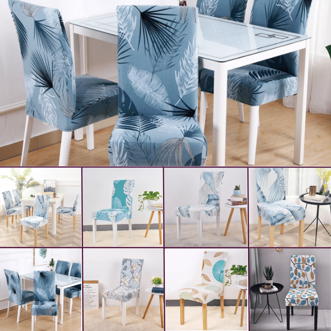 Dining Chair Slipcovers Patterned Multi Coloured White Blue - Main Image