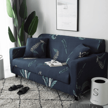 Load image into Gallery viewer, Standard Sofa Slipcovers | Universal Feathers & Plants Patterned Grey & Navy Blue Sofa Cover