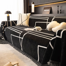 Load image into Gallery viewer, Sofa Throw | Black, White | Linear Luxe Throw - Lines Patterned Multi coloured Chenille Fabric Sofa Cover