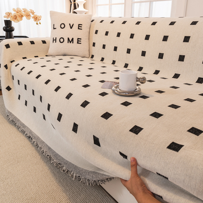 Sofa Throw  | Black & White | Modern Grid Throw - Square Dotted Patterned Chenille Sofa Cover