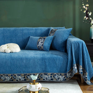 Sofa Throw | Flower print Lace| Solid coloured Chenille Fabric Sofa Cover