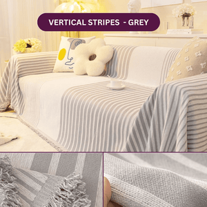 Sofa Throw | Black, Grey | Vertical Stripes Patterned Multi coloured Chenille Fabric Sofa Cover
