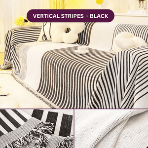 Sofa Throw | Black, Grey | Vertical Stripes Patterned Multi coloured Chenille Fabric Sofa Cover