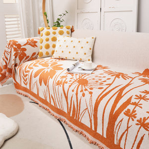 Throw Blanket | Orange & White | Plants & Leaf Patterned Multi colour Sofa Cover