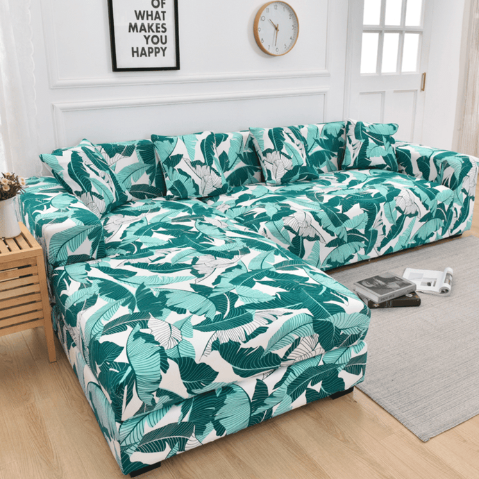Sectional Sofa Slipcovers | White & Green Multi Coloured  Leaf Patterned  Corner sofa Cover