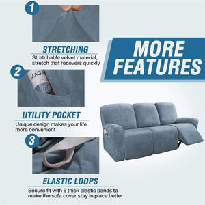 Recliner Sofa Slipcovers | 2 & 3 Seater | Stone Blue | Stretch Velvet Solid Coloured Recliner Sofa Cover