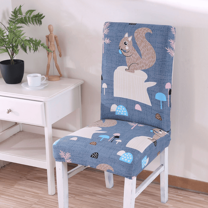 Dining Chair Slipcovers | Blue Grey | Squirrel Patterned Multi Coloured Chair Cover