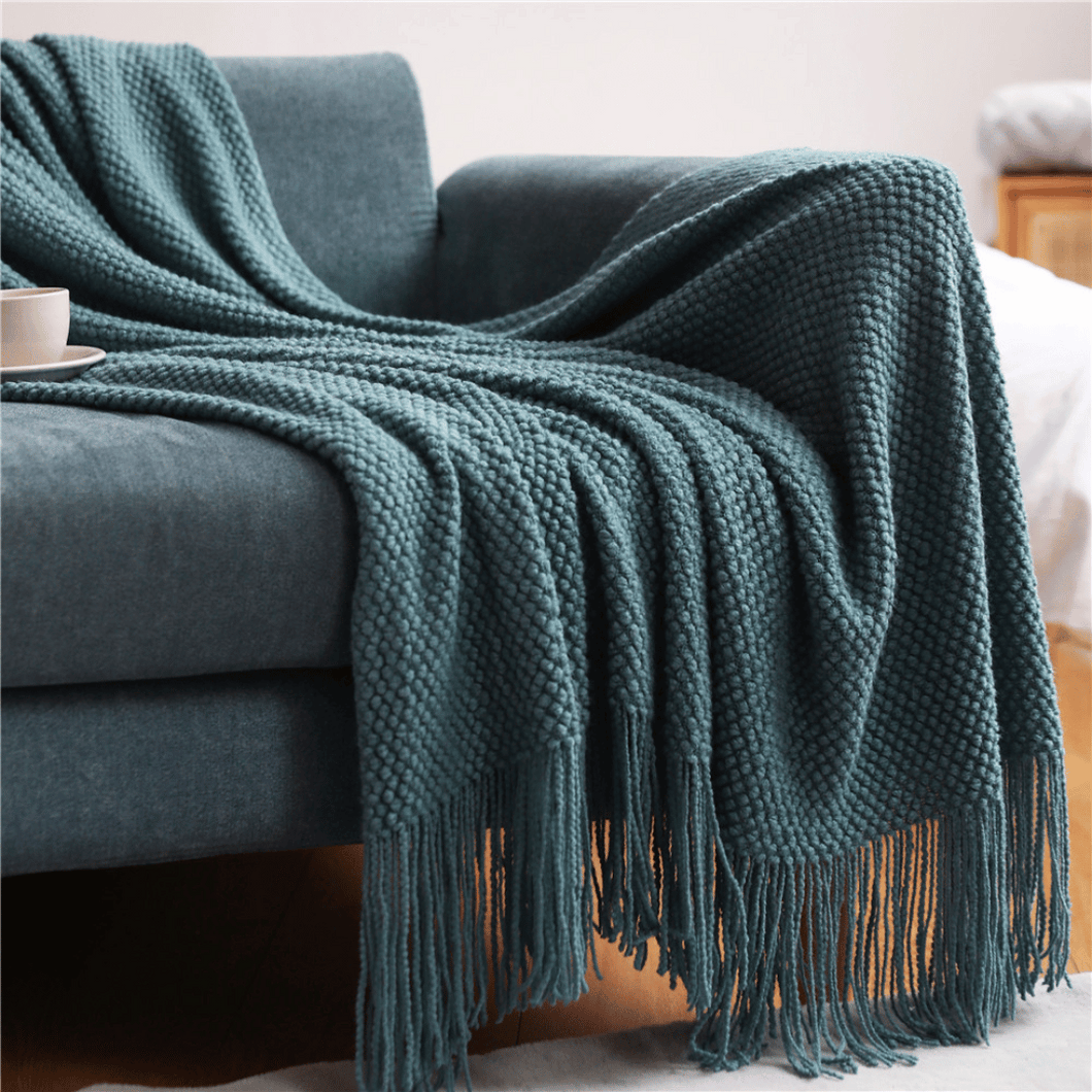 Throw Blanket  |  Jacquard Knitted Solid Colour | Blue, Green, Grey | Sofa Throw Blanket cover