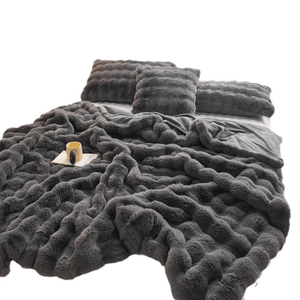 Sofa Throw Blanket | Soft & Cosy Dark Grey, Dehaired Angora Rabbit Faux Fur, Thick Jacquard Throw Blanket