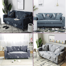 Load image into Gallery viewer, Standard Sofa Slipcovers | Universal Feathers &amp; Plants Patterned Grey &amp; Navy Blue Sofa Cover