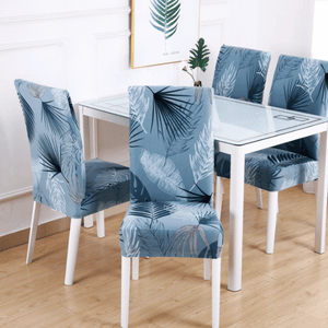 Dining Chair Slipcovers | Patterned Multi Coloured White & Blue Leaves Dinning Chair Cover