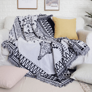 Sofa Throw Blanket  |  Grey or White | Knitted Geometric Patterned Multi colour Throw Blanket