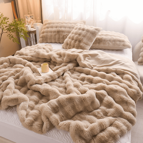 Throw Blanket | Soft & Cosy Light Brown, Dehaired Angora Rabbit Faux Fur, Thick Jacquard Blanket