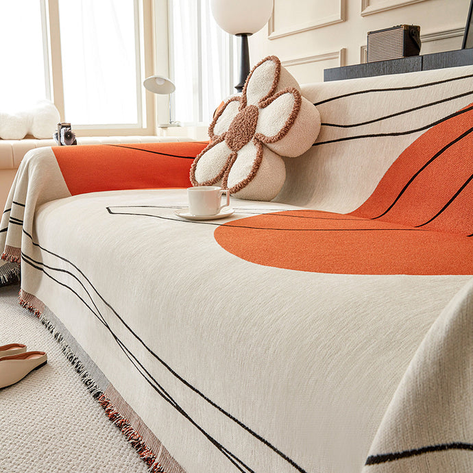 Sofa Throw Blanket  |  Beige & Orange | Chenille Sunset Patterned Multi colour Non Slip Sofa Cover