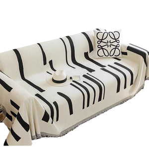 Sofa Throw Blanket | Black & White | Stripe Patterned Multi coloured Chenille Sofa Cover