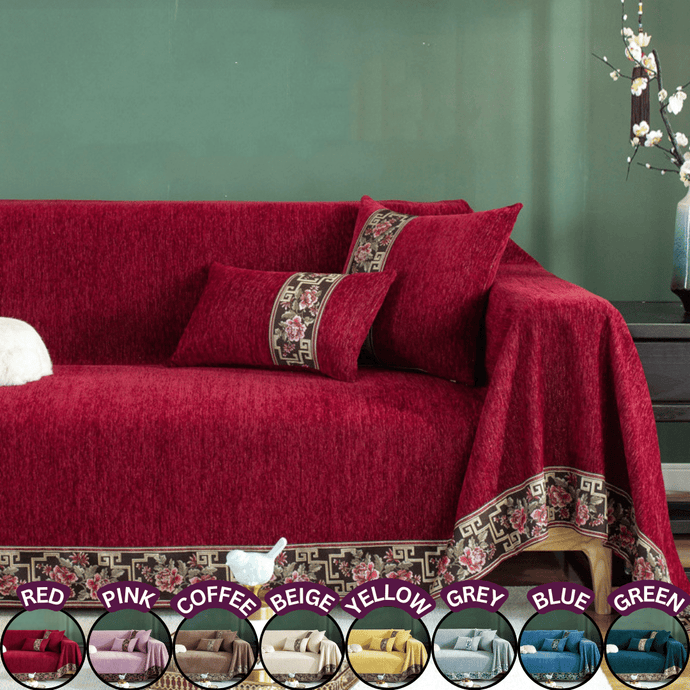 Sofa Throw | Flower print Lace| Solid coloured Chenille Fabric Sofa Cover