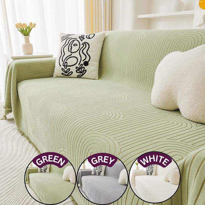 Sofa Throw | Green, Grey, White | Jacquard Solid coloured Chenille Fabric Sofa Cover