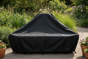 custom black cover for tringualr bench in garden 
