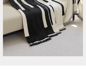 Sofa Throw Blanket | Black & White | Stripe Patterned Multi coloured Chenille Sofa Cover
