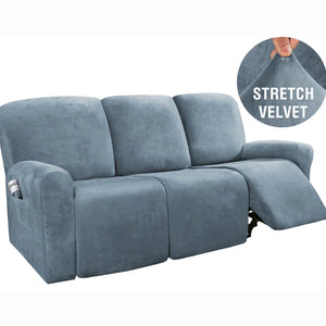 Recliner Sofa Slipcovers | 2 & 3 Seater | Stone Blue | Stretch Velvet Solid Coloured Recliner Sofa Cover