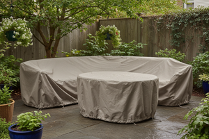 oval shaped outside furniture cover in pati or garden enviornment
