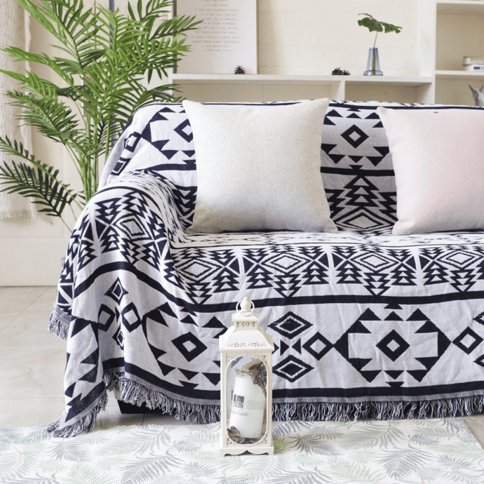 Sofa Throw Blanket  |  Grey or White | Knitted Geometric Patterned Multi colour Throw Blanket