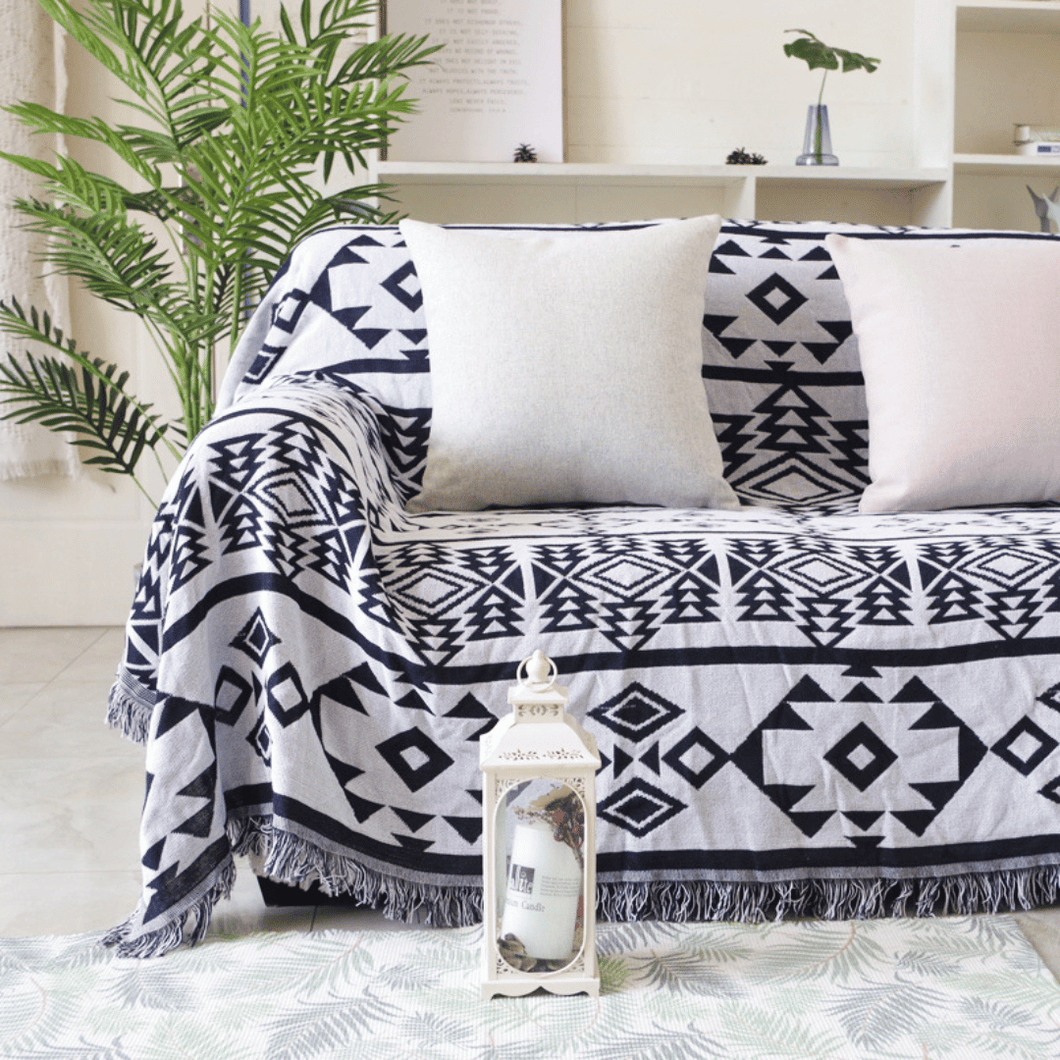 Sofa Throw Blanket | Grey or White | Knitted Geometric Patterned Multi ...
